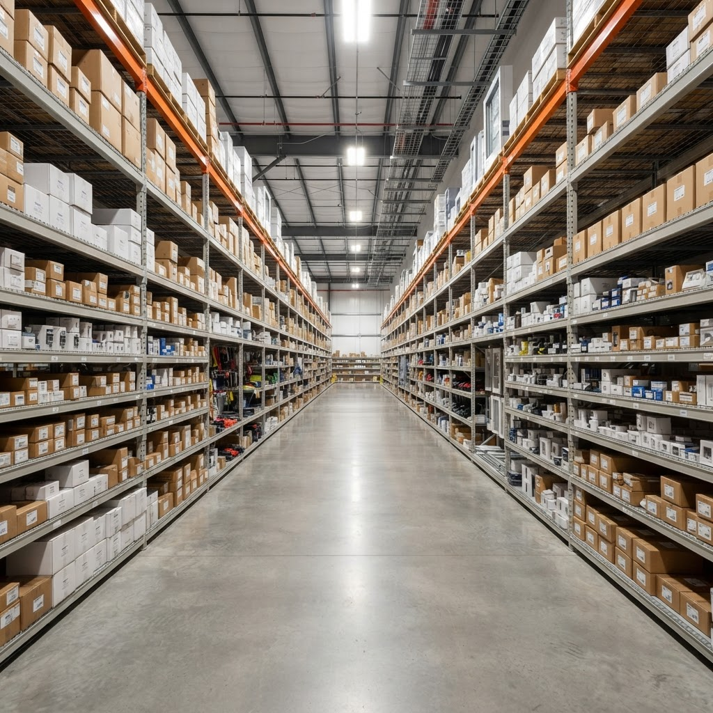 Interno del magazzino Alese Elettroforniture con scaffalature di materiale elettrico